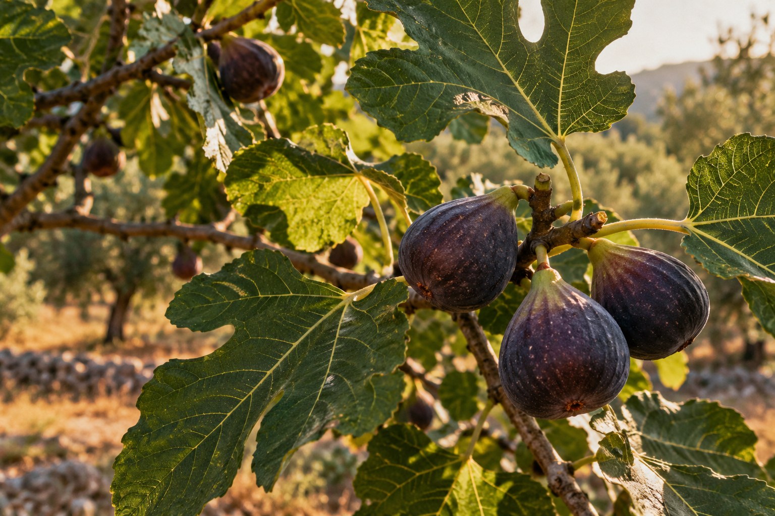 Ripe figs growing among deep green leaves